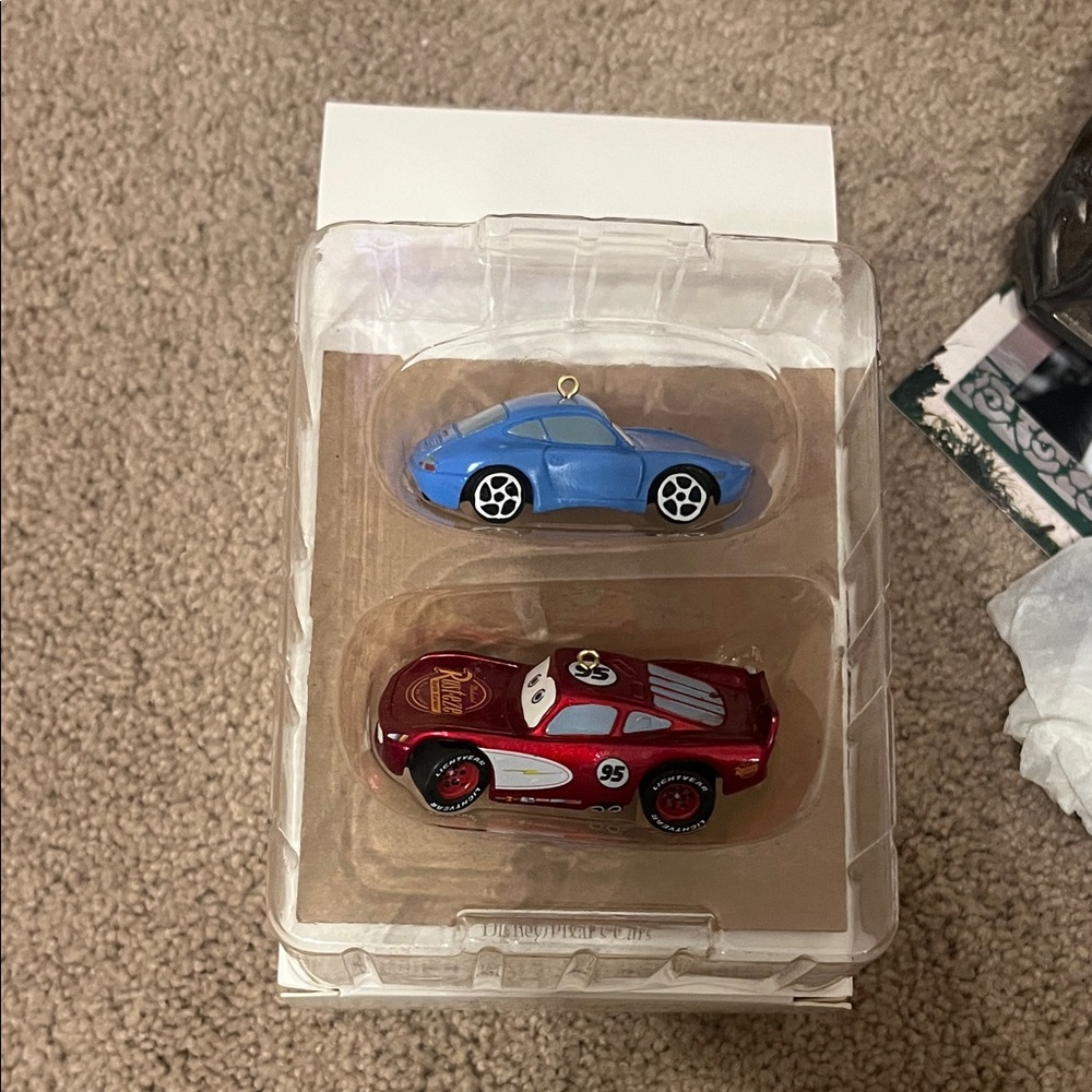 Hallmark Cars ornament set with Lightning McQueen and Sally